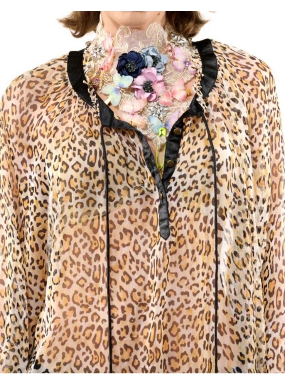 NWT Aratta Silent Journey- Leopard-Print Peasant Blouse in Beige, Black and Gold
